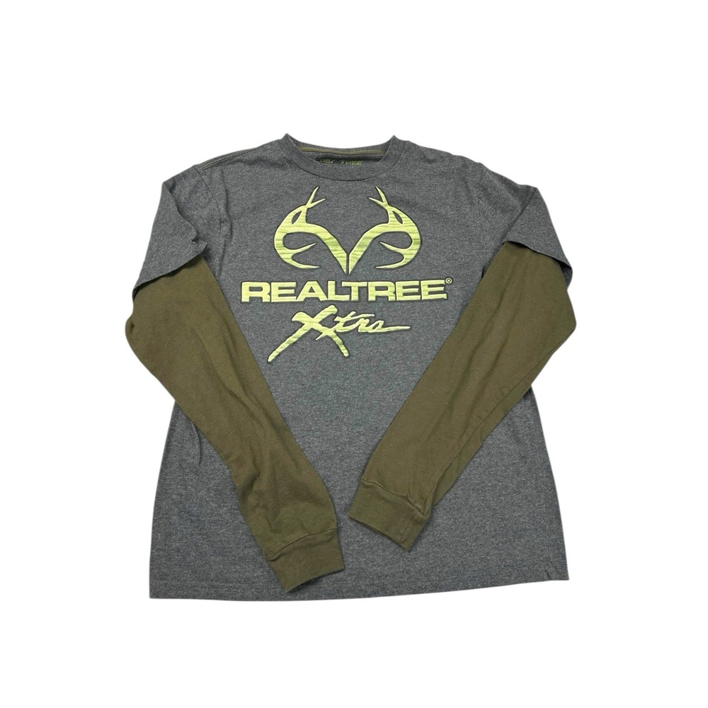 Mens Realtree Xtra Size M Gray Crew‎ Long Sleeve Graphic Tee Horns Hunting